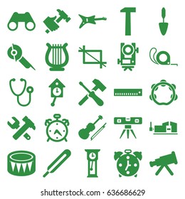 Instrument icons set. set of 25 instrument filled icons such as alarm, level equipment, hummer and wrench, electric saw, tape, hummer, vice clamp, level ruler, trowel