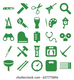 Instrument icons set. set of 25 instrument filled icons such as manicure scissors, floor scales, hummer, electric saw, drop counter, binoculars, pipette, stethoscope