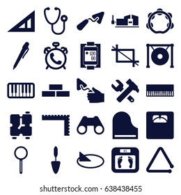 Instrument icons set. set of 25 instrument filled icons such as alarm, triangle ruler, ruler, brick wall, floor scales, trowel, hummer and wrench, vice clamp, stethoscope