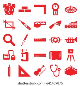 Instrument icons set. set of 25 instrument filled icons such as ruler, brick wall, trowel, theodolite, vice clamp, stethoscope, blod pressure tool, pipette, thermometer