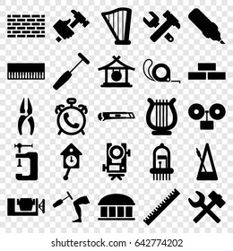 Instrument icons set. set of 25 instrument filled icons such as alarm, gong, ruler, level equipment, brick wall, observatory, nippers, hummer and wrench, vice clamp, tape