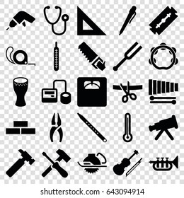 Instrument icons set. set of 25 instrument filled icons such as brick wall, razor, nippers, hummer, drill, saw, electric saw, tape, stethoscope, blod pressure tool