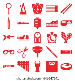Instrument icons set. set of 25 instrument filled icons such as alarm, level ruler, manicure scissors, vice clamp, cutter, floor scales, drop counter, magnifier, thermometer