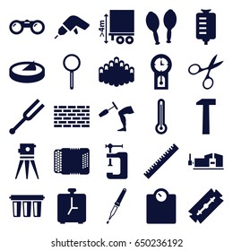 Instrument icons set. set of 25 instrument filled icons such as ruler, razor, manicure scissors, drill, theodolite, vice clamp, drop counter, cargo height, pipette, magnifier