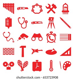 Instrument icons set. set of 25 instrument filled icons such as alarm, triangle ruler, drill, theodolite, cutter, stethoscope, drop counter, binoculars, guitar strings