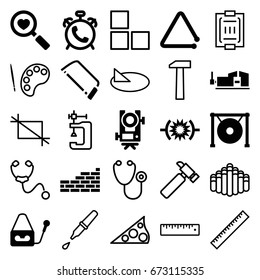Instrument icons set. set of 25 instrument filled and outline icons such as alarm, level equipment, hacksaw, vice clamp, heart search, microphone, triangle musical instrument