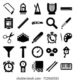 Instrument icons set. set of 25 instrument filled icons such as alarm, ruler, thermometer, manicure scissors, hacksaw, cutter, pipette, cargo height, blood pressure measure