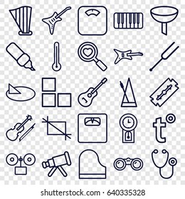 Instrument icons set. set of 25 instrument outline icons such as brick wall, razor, stethoscope, floor scales, heart search, piano, tonometer, harp, guitar, violin, metronome