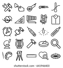 Instrument icons set. set of 25 instrument outline icons such as triangle ruler, level equipment, hummer, hummer and wrench, theodolite, trowel, electric saw, cutter