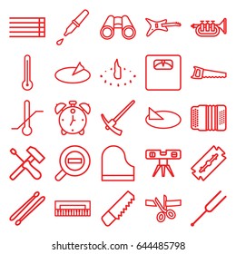 Instrument icons set. set of 25 instrument outline icons such as razor, saw, level ruler, floor scales, thermometer, binoculars, pipette, guitar strings, tonometer, piano