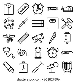 Instrument icons set. set of 25 instrument outline icons such as alarm, razor, saw, tape, vice clamp, cutter, pipette, floor scales, drop counter, stethoscope, medical hammer