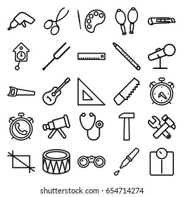 Instrument icons set. set of 25 instrument outline icons such as alarm, manicure scissors, saw, drill, hummer and wrench, stethoscope, pipette, tonometer, musical pipe, guitar