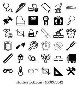 Instrument icons. set of 36 editable filled and outline instrument icons such as trowel, hacksaw, tape, hummer, ruler, wrench hummer, blod pressure tool, floor scales