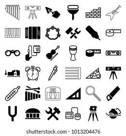 Instrument icons. set of 36 editable filled and outline instrument icons such as triangle ruler, observatory, theodolite, electric saw, vice clamp, pen, wrench hummer