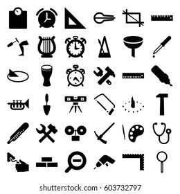 Instrument icons set. set of 36 instrument filled icons such as alarm, ruler, brick wall, thermometer, drill, hummer and wrench, hacksaw, trowel, level ruler, stethoscope