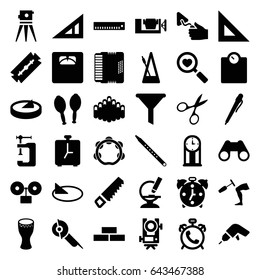 Instrument icons set. set of 36 instrument filled icons such as alarm, triangle ruler, level equipment, brick wall, razor, manicure scissors, saw, drill, vice clamp