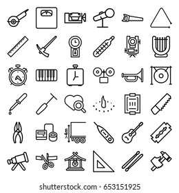 Instrument icons set. set of 36 instrument outline icons such as alarm, gong, ruler, level equipment, razor, saw, nippers, vice clamp, electric saw, hummer, blod pressure tool