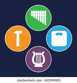 Instrument icons set. set of 4 instrument filled icons such as harmonica, harp, hummer