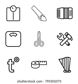 Instrument icons. set of 9 editable outline instrument icons such as hummer and wrench, measuring tape, floor scales, floor scale, harp, harmonic, temperature