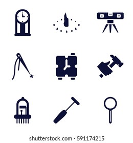 instrument icons set. Set of 9 instrument filled icons such as hummer, level ruler, magnifier, medical hammer, musical instrument, sundial, pendulum, alarm