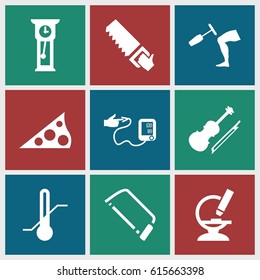 Instrument icons set. set of 9 instrument filled icons such as hacksaw, saw, thermometer, microscope, knee hammer reaction check, blood pressure, violin, sundial
