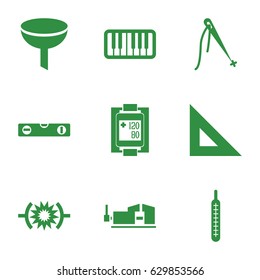 Instrument icons set. set of 9 instrument filled icons such as level ruler, vice clamp, blood pressure measure, thermometer, piano, pressure, sewing, ruler