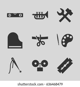 Instrument icons set. set of 9 instrument filled icons such as razor, level ruler, piano, trumpet, alarm, scissors and ribbon, palette, sewing