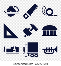 Instrument icons set. set of 9 instrument filled icons such as observatory, saw, electric saw, tape, hummer, vice clamp, cargo height, trumpet