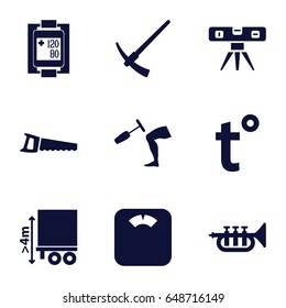 Instrument icons set. set of 9 instrument filled icons such as level ruler, saw, cargo height, blood pressure measure, knee hammer reaction check, trumpet, temperature, hammer
