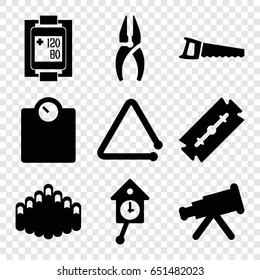 Instrument icons set. set of 9 instrument filled icons such as razor, nippers, saw, blood pressure measure, triangle musical instrument, harmonica, pendulum, telescope