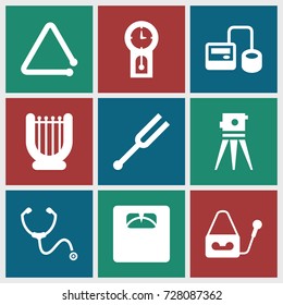 Instrument icons set. set of 9 instrument filled icons such as theodolite, blod pressure tool, floor scales, microphone, stethoscope, tonometer, triangle musical instrument
