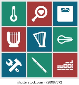 Instrument icons set. set of 9 instrument filled icons such as hummer and wrench, floor scales, musical instrument, harp, musical pipe, temperature, brick wall