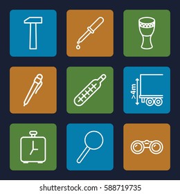 instrument icons set. Set of 9 instrument outline icons such as pipette, cargo height, magnifier, thermometer, drum, hummer, alarm, binoculars