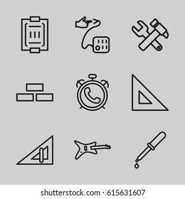 Instrument icons set. set of 9 instrument outline icons such as alarm, triangle ruler, brick wall, hummer and wrench, pipette, blood pressure measure, blood pressure, ruler