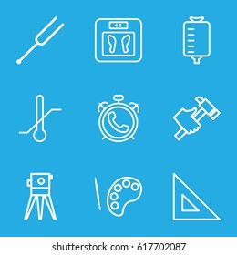 Instrument icons set. set of 9 instrument outline icons such as alarm, floor scales, theodolite, hummer, drop counter, thermometer, tonometer, ruler
