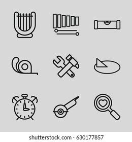 Instrument icons set. set of 9 instrument outline icons such as level ruler, hummer and wrench, electric saw, tape, heart search, xylophone, sundial, alarm
