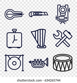 Instrument icons set. set of 9 instrument outline icons such as level equipment, cutter, musical instrument, harp, drum, gong, trumpet, alarm