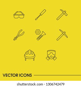 Instrument icons set with bolt nut, respirator and pickaxe elements. Set of instrument icons and screw concept. Editable vector elements for logo app UI design.