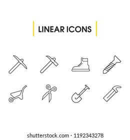 Instrument icons set with boots, pickaxe and hammer elements. Set of instrument icons and blade concept. Editable vector elements for logo app UI design.