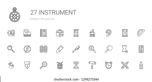instrument icons set. Collection of instrument with alarm clock, paint roller, hourglass, drums, magnifying glass, pen, shovel, loupe. Editable and scalable instrument icons.