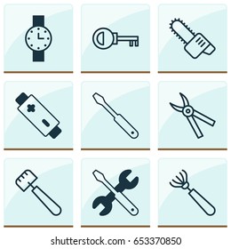 Instrument Icons Set. Collection Of Alkaline, Password, Screwdriver With Wrench And Other Elements. Also Includes Symbols Such As Wrench, Chainsaw, Accumulator.
