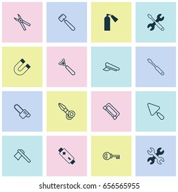 Instrument Icons Set. Collection Of Alkaline, Spanner, Password And Other Elements. Also Includes Symbols Such As Scapula, Polarity, Rake.