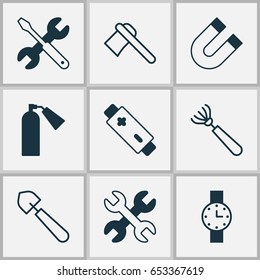 Instrument Icons Set. Collection Of Attraction, Timer, Spanner And Other Elements. Also Includes Symbols Such As Magnet, Repair, Pitchfork.