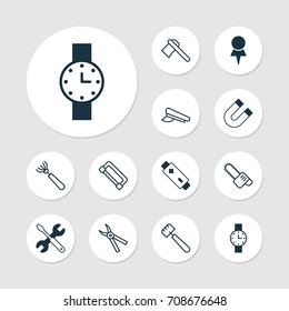 Instrument Icons Set. Collection Of Attraction, Spatula, Timer And Other Elements. Also Includes Symbols Such As Pincers, Tool, Chainsaw.