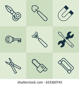 Instrument Icons Set. Collection Of Carpentry, Harrow, Password And Other Elements. Also Includes Symbols Such As Key, Polarity, Tool.