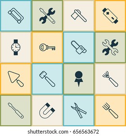 Instrument Icons Set. Collection Of Carpentry, Location, Password And Other Elements. Also Includes Symbols Such As Accumulator, Spanner, Saw-Blade.
