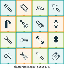 Instrument Icons Set. Collection Of Carpentry, Turn Screw, Pliers And Other Elements. Also Includes Symbols Such As Pincers, Spatula, Hatchet.