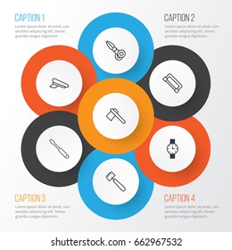 Instrument Icons Set. Collection Of Carpentry, Tomahawk, Clippers And Other Elements. Also Includes Symbols Such As Spatula, Hat, Watch.