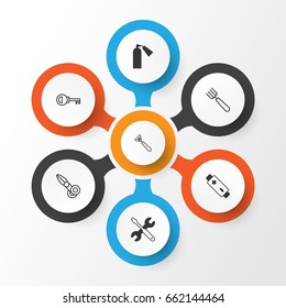 Instrument Icons Set. Collection Of Clippers, Firefighter, Garden Fork And Other Elements. Also Includes Symbols Such As Accumulator, Garden, Scissors.