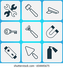 Instrument Icons Set. Collection Of Cop Cap, Attraction, Password And Other Elements. Also Includes Symbols Such As Extinguisher, Rake, Key.